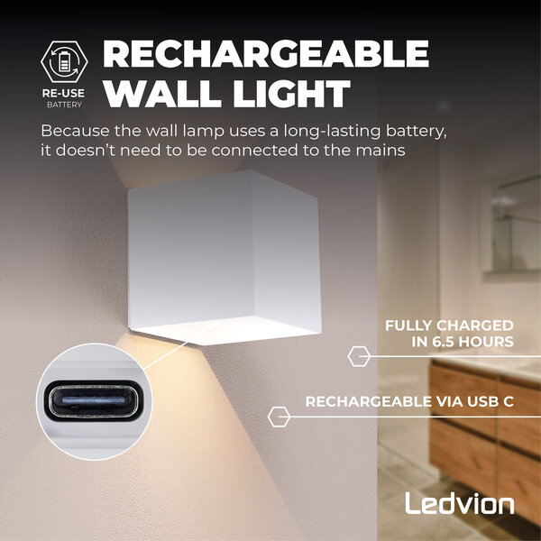 Ledvion USB Applique da Esterno Ricaricabile con Sensore - Bianco - IP44 - Senza Fili - Batteria 4400 mAh