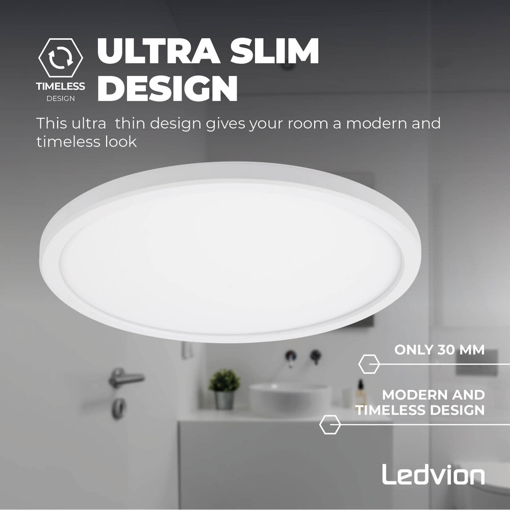 Ledvion Plafoniera per Bagno - 18W - 1620 Lumen - Bianco - Ø29 CM - IP44 Impermeabile - 2700K - Plafoniera LED