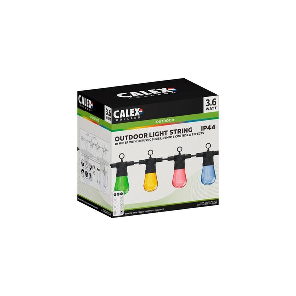 Calex 10m Calex Vista Catena Luminosa da Esterno + cavo di collegamento da 2m - IP44 - RGB - con 10 Lampadine