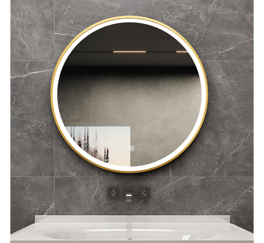 Miroir rond de 60 cm avec cadre doré, éclairage LED et anti-condensation