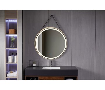 Bella Mirror Miroir rond 80 cm avec ceinture tendance, cadre noir, éclairage LED encastré et anti-buée