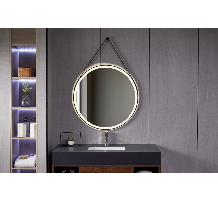 Miroir rond 80 cm avec ceinture tendance, cadre noir, éclairage LED encastré et anti-condensation