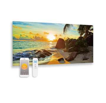 Quality Heating Bedrukt glazen infrarood paneel met wifi en remote control zonsondergang 119x59 700Watt