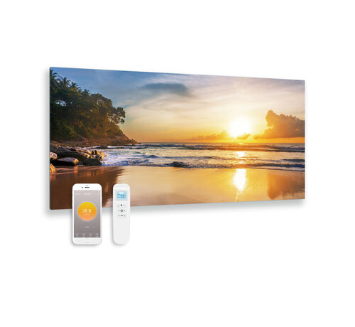 Quality Heating Bedrukt glazen infrarood paneel zonsopkomst 119x59 700Watt