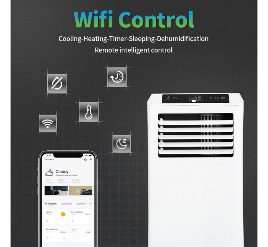 Climatiseur mobile Wifi déshumidifier et ventiler avec joint de fenêtre et purificateur d'air 7000btu