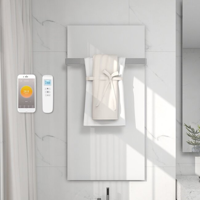 Panneau infrarouge design en verre 700Watt avec thermostat Wifi intégré et sèche-serviettes