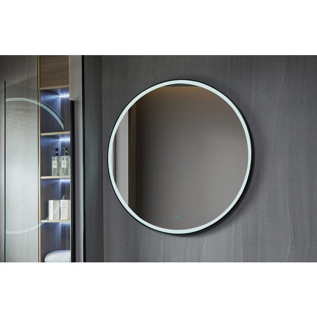 Spiegel rond 80 cm met zwart frame, led verlichting en anti condens