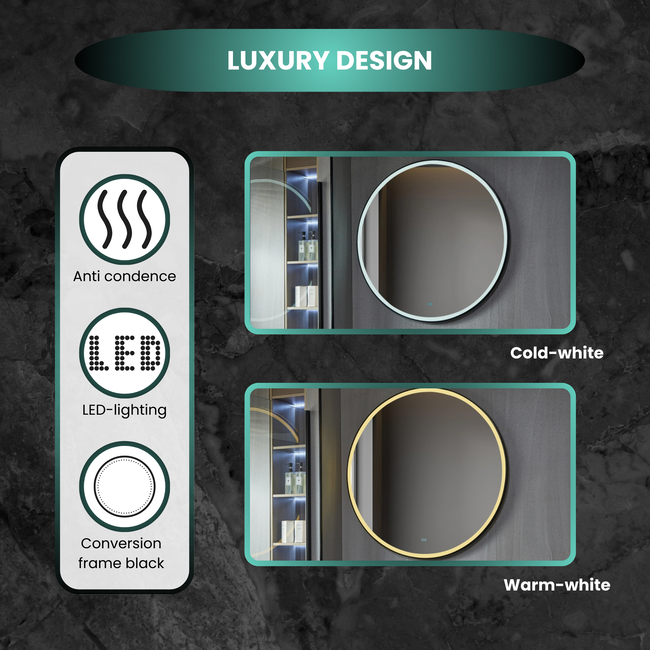 Miroir rond 120 cm avec cadre noir, éclairage LED et anti-buée