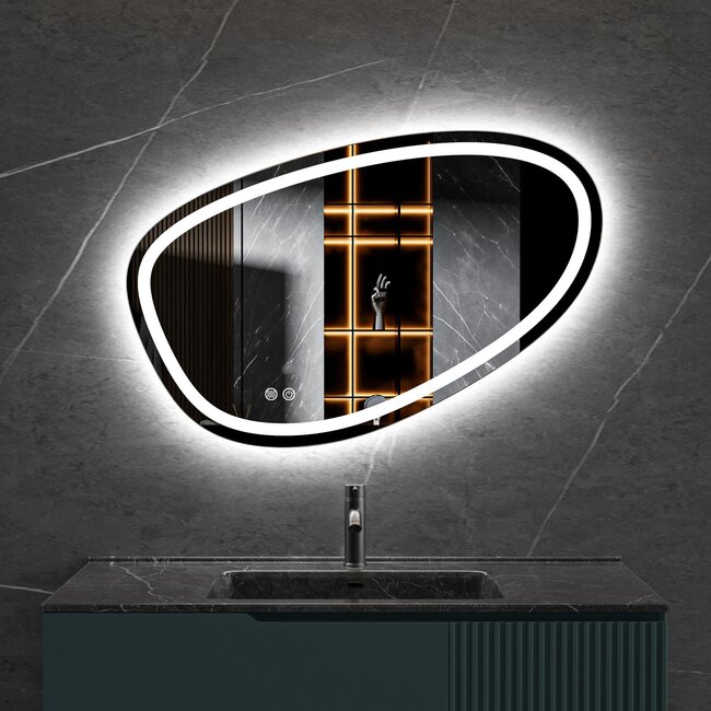 Miroir asymétrique avec éclairage LED encastré et anti-buée 90cm de large et 60cm de haut