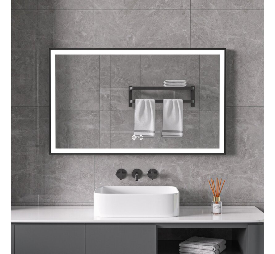 Miroir avec cadre noir, LED, anti-buée 60 x 100 cm