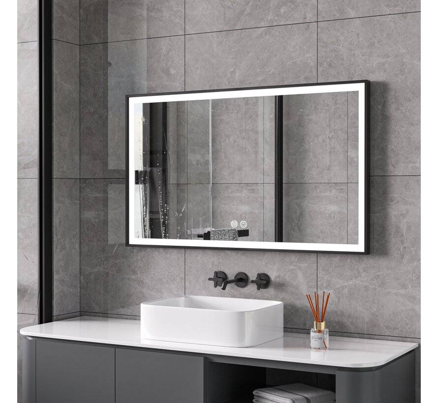Miroir avec cadre noir, LED, anti-buée 60 x 100 cm