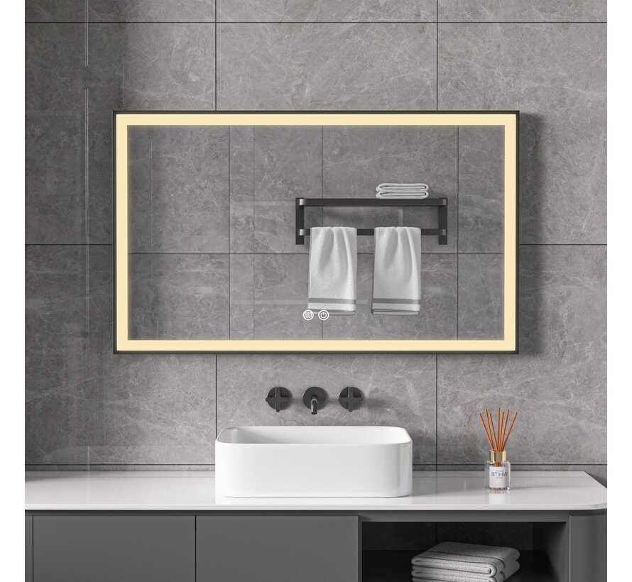 Miroir avec cadre noir, LED, anti-buée 60 x 100 cm