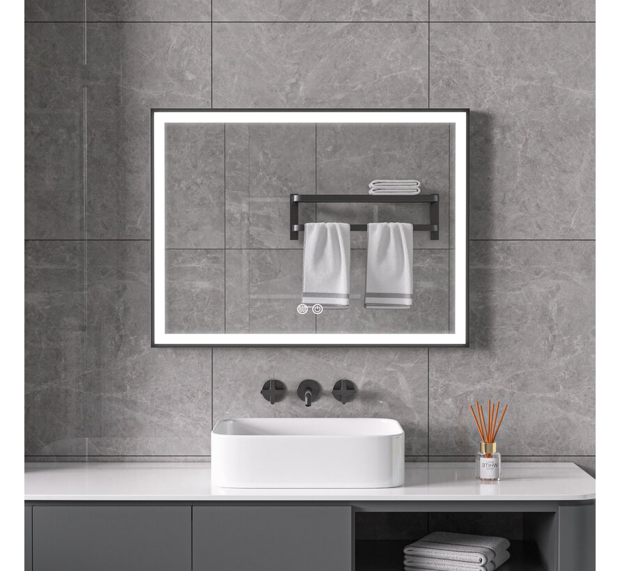Miroir avec cadre noir, LED, anti-buée 60 x 80 cm