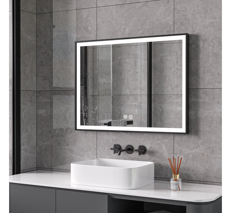 Miroir avec cadre noir, LED, anti-buée 60 x 80 cm