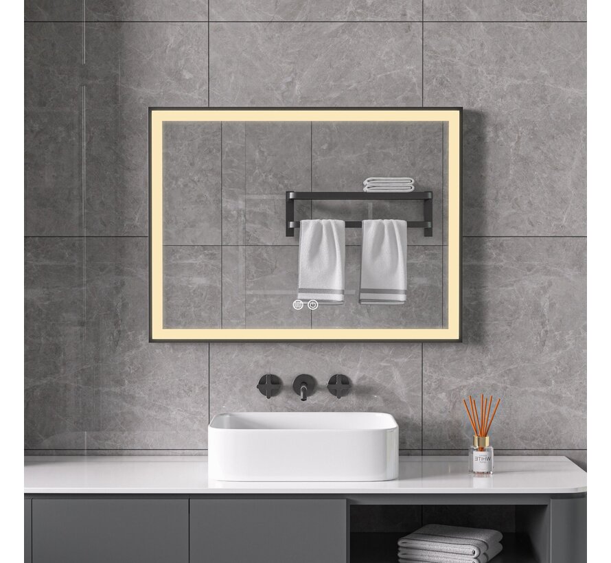 Miroir avec cadre noir, LED, anti-buée 60 x 80 cm
