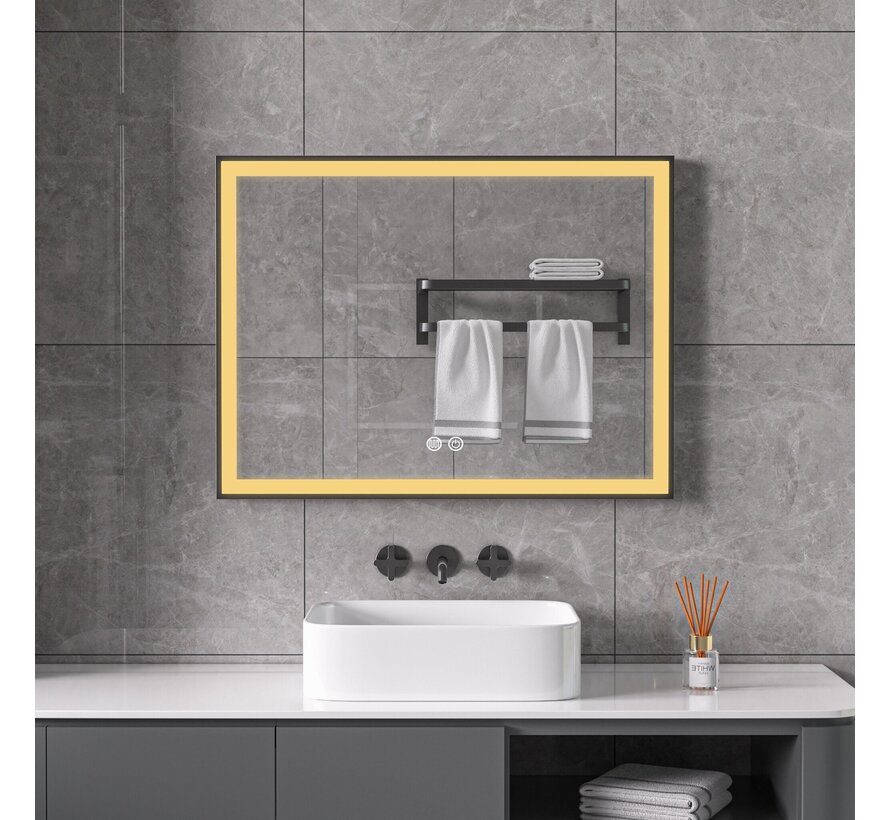 Miroir avec cadre noir, LED, anti-buée 60 x 80 cm