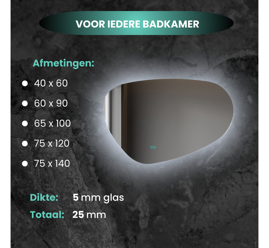 Spiegel asymmetrisch organische led verlichting en anti-condens 120 cm breed en 75 cm hoog