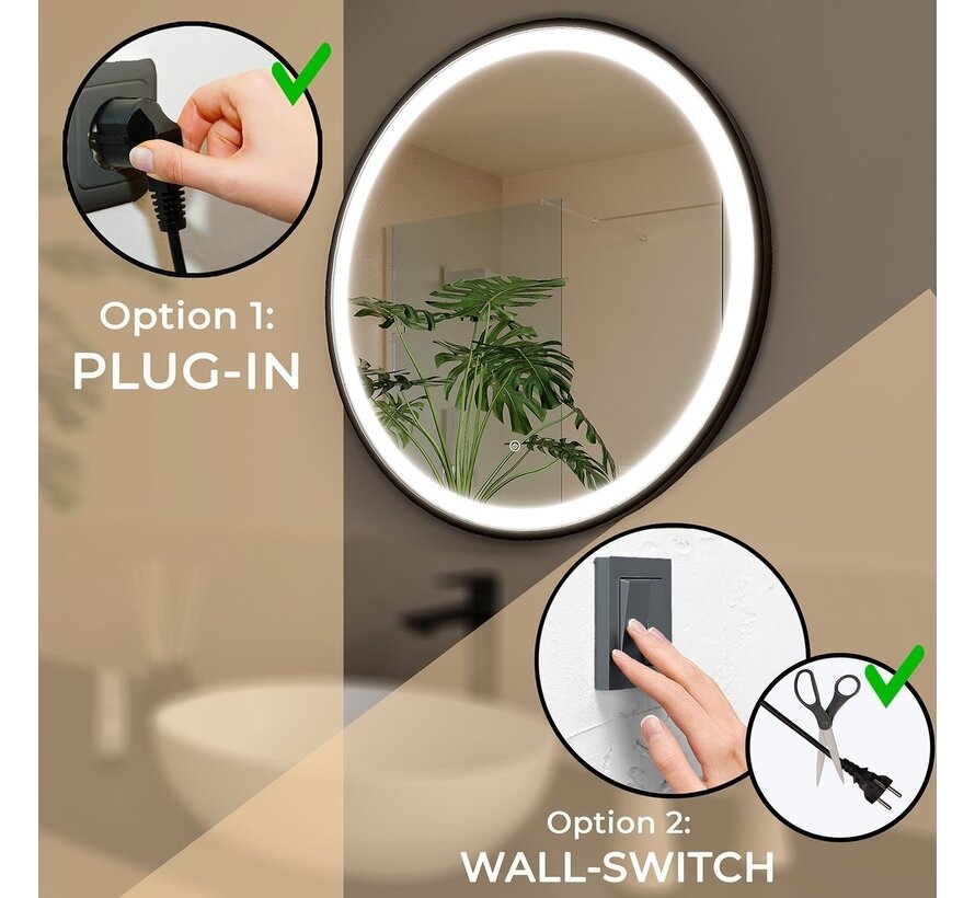 Miroir rond 100 cm avec cadre noir, éclairage LED et anti-condensation