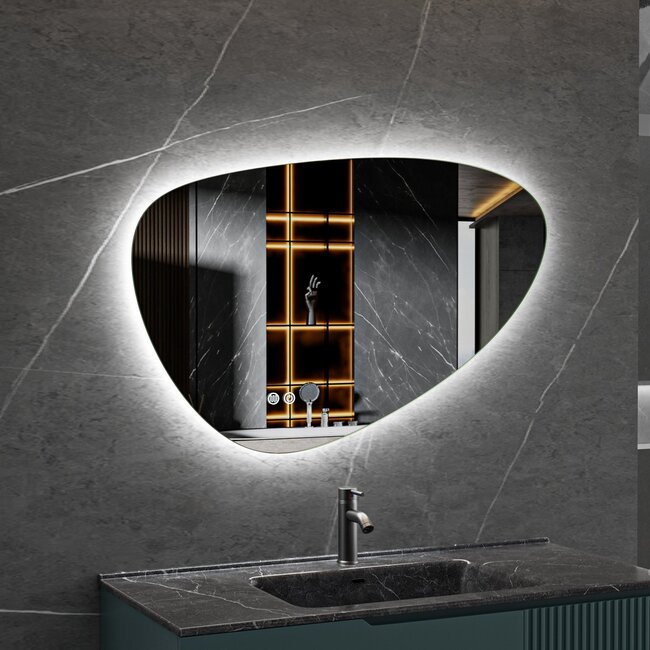 Miroir asymétrique organique avec éclairage LED et anti-condensation 100 cm de large et 65 cm de haut