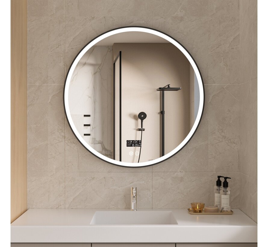 Smart spiegel rond 80cm zwart frame met led verlichting, anti-condens en wifi