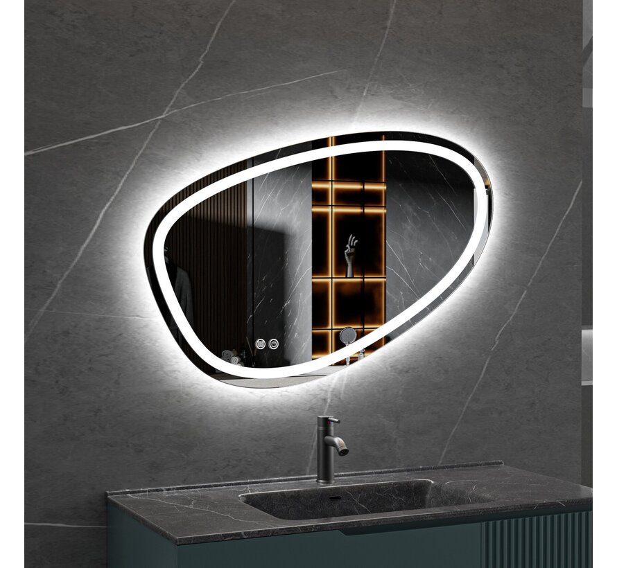 Miroir asymétrique avec éclairage LED encastré et anti-buée 90cm de large et 60cm de haut