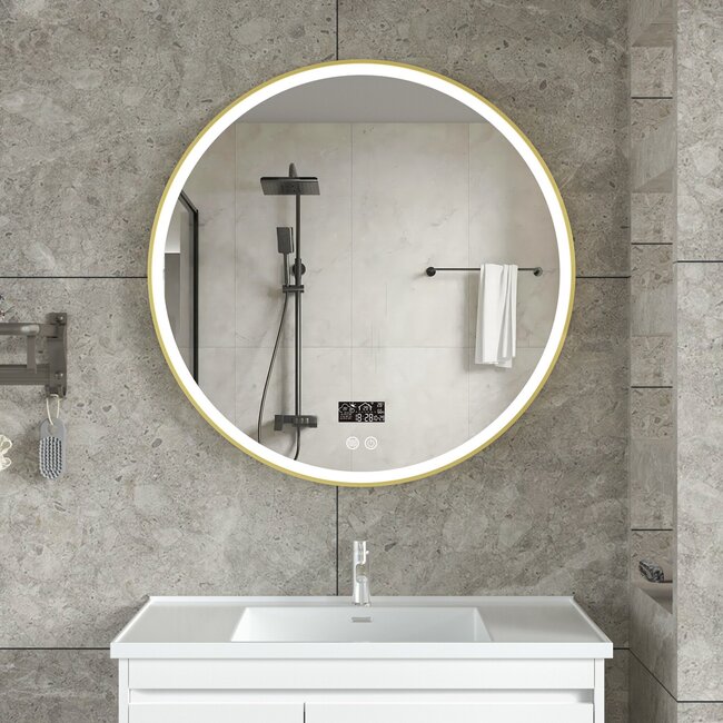 Miroir intelligent rond 80cm cadre doré avec éclairage LED, anti-buée et wifi