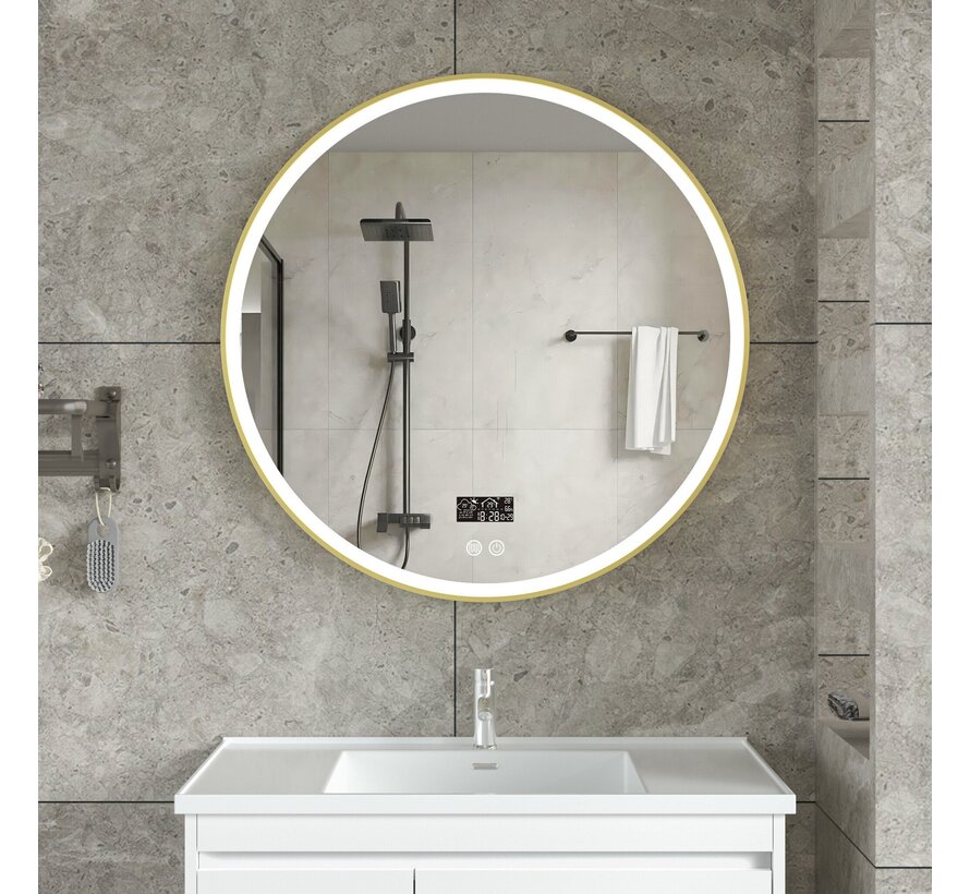 Miroir intelligent rond 80cm cadre doré avec éclairage LED, anti-buée et wifi