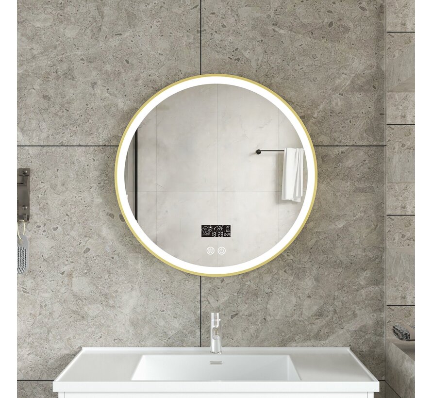 Miroir intelligent rond 80cm cadre doré avec éclairage LED, anti-buée et wifi