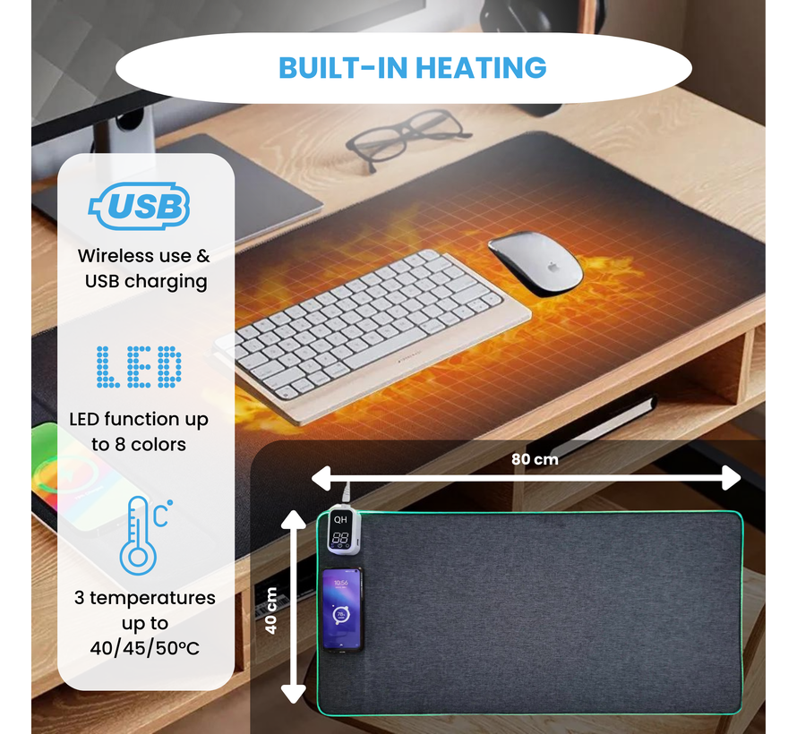 Sous-main chauffant avec fonction de recharge sans fil et LED 80 x 40
