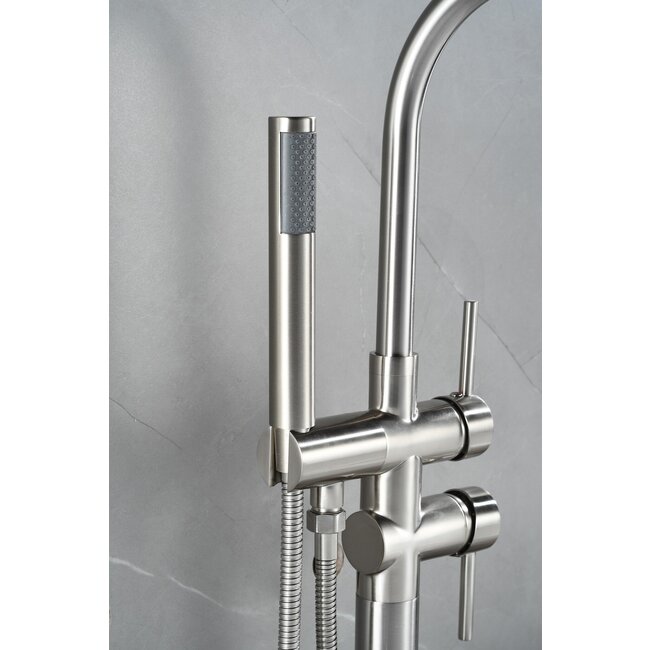 Vrijstaande badmengkraan – inclusief handdouche – brushed steel