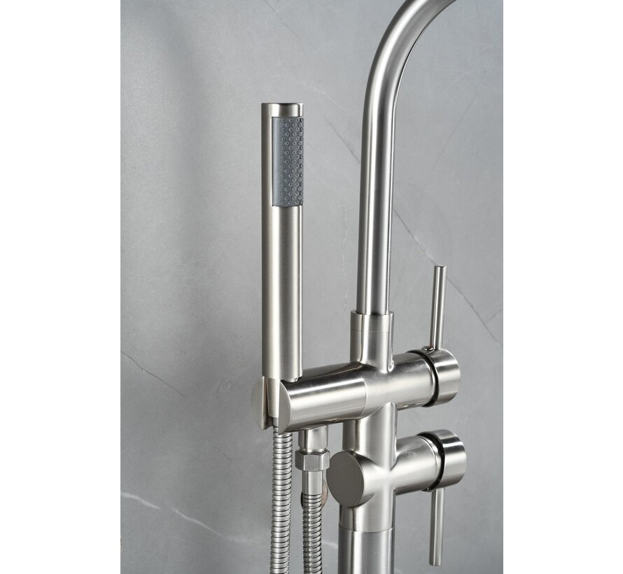 Vrijstaande badmengkraan – inclusief handdouche – brushed steel