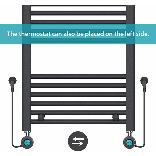 Radiateur Électrique pour Serviettes avec Thermostat Numérique - Radiateur de Salle de Bain - 1200 × 500 mm - Noir Mat - 500 Watt