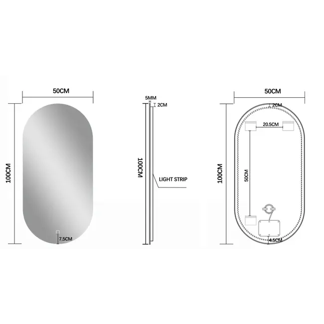 Miroir avec LED ovale 50 x 100 cm