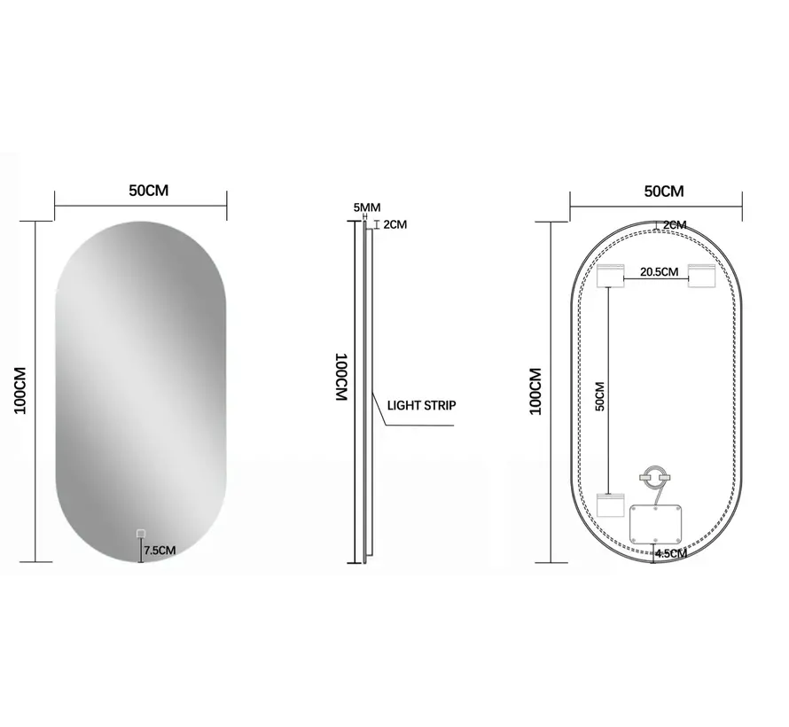 Miroir avec LED ovale 50 x 100 cm