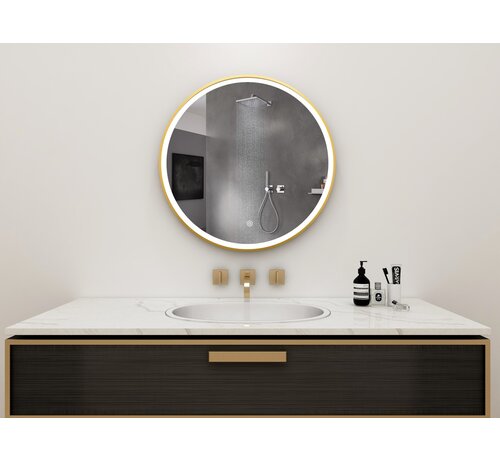 2ème chance | Miroir rond 80 cm avec cadre doré, éclairage LED et anti-buée