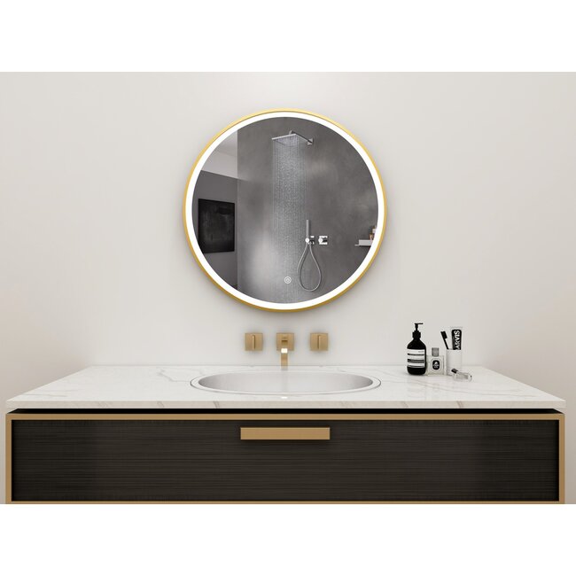 2ème chance | Miroir rond 80 cm avec cadre doré, éclairage LED et anti-buée