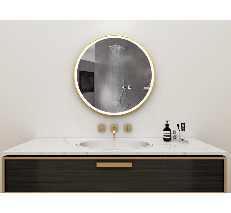 2ème chance | Miroir rond 80 cm avec cadre doré, éclairage LED et anti-buée