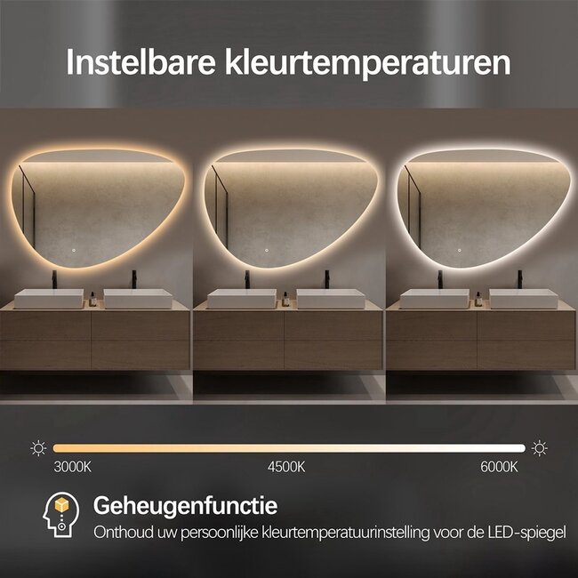 Spiegel asymmetrisch organische led verlichting en anti-condens 120 cm breed en 75 cm hoog