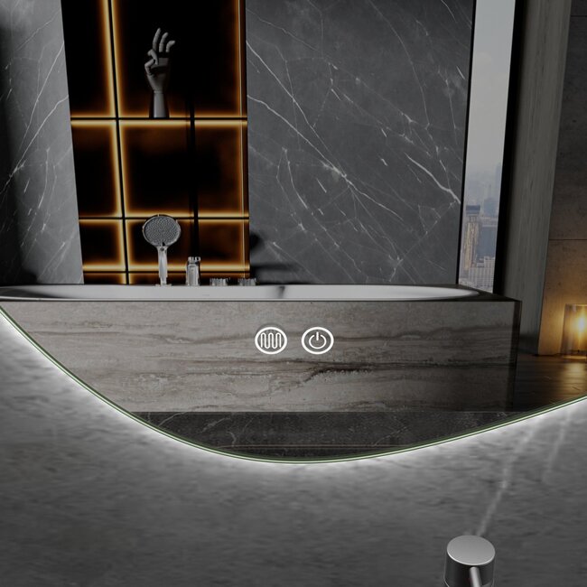 Miroir asymétrique organique avec éclairage LED et anti-condensation 140 cm de large et 75 cm de haut