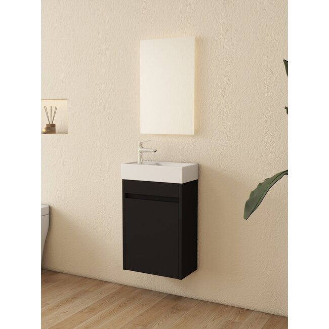 Nurion Meuble de toilette Tess - lavabo blanc brillant et armoire en bois noir - 41 x 22,5 x 65 cm