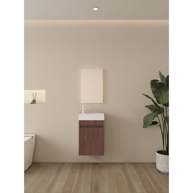 Nurion Meuble de toilette Vince - lavabo blanc brillant et armoire en bois foncé - 41 x 22,5 x 65 cm