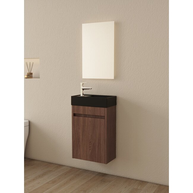 Nurion Meuble de salle de bain Emma - lavabo noir mat et armoire en noyer - 41 x 22,5 x 65 cm