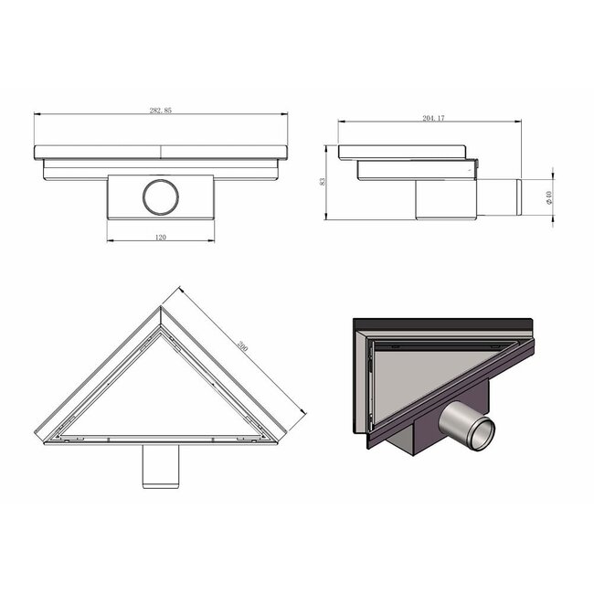 Caniveau de douche d'angle 20 x 28 x 8 cm en acier inoxydable
