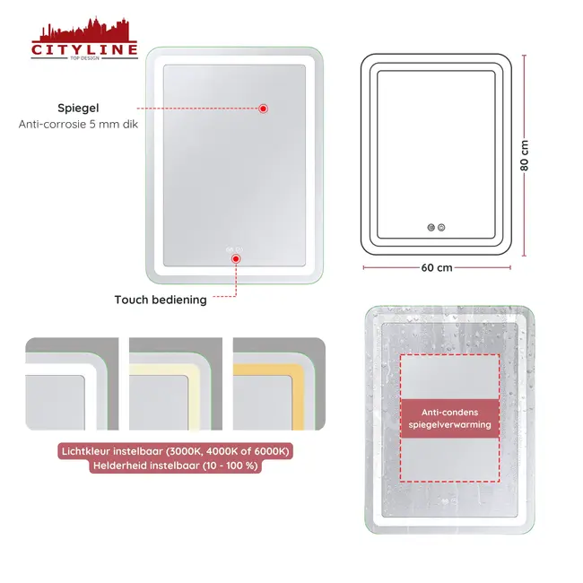 Miroir de salle de bain avec éclairage LED et anti-buée