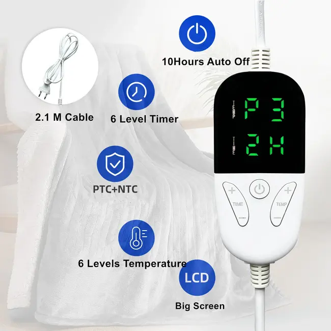 Couverture électrique - Couverture chauffante - 1 personne - 180x150 cm - Polaire - bleu