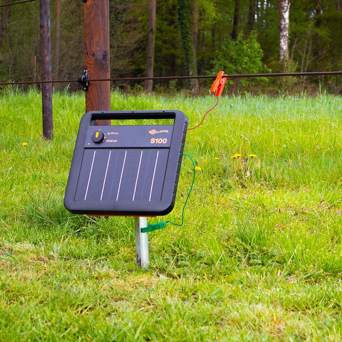 Gallagher S100 solar schrikdraadapparaat inclusief batterij (12 V - 7,2 Ah) + Gratis Stander