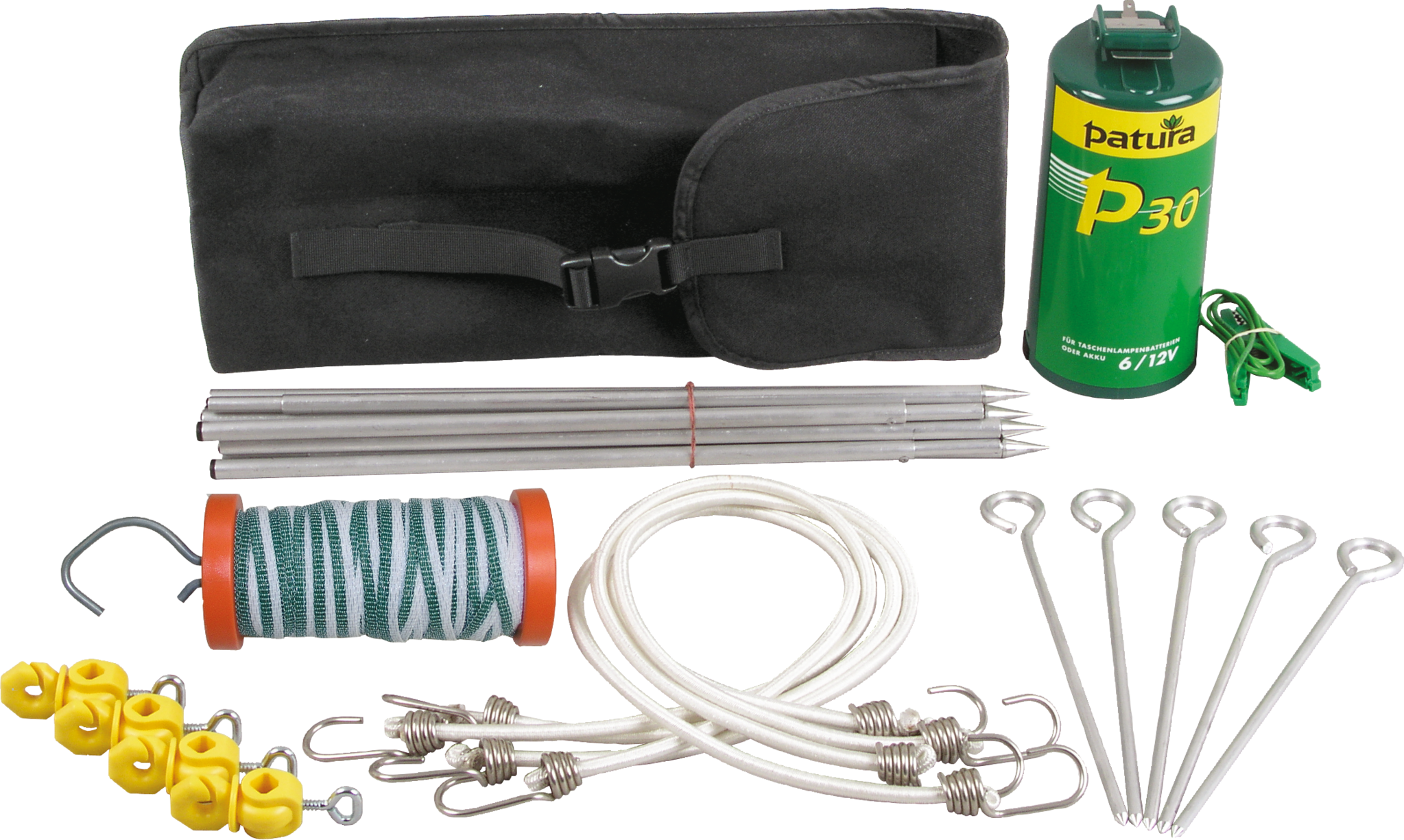 Patura Paardrijderset, tas met P30 , aluminium palen, 40 m Lint, poortgreep,