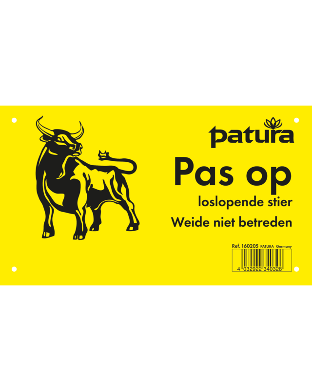 Patura Waarschuwingsbord, kunststof NL Pas Op - loslopende stier