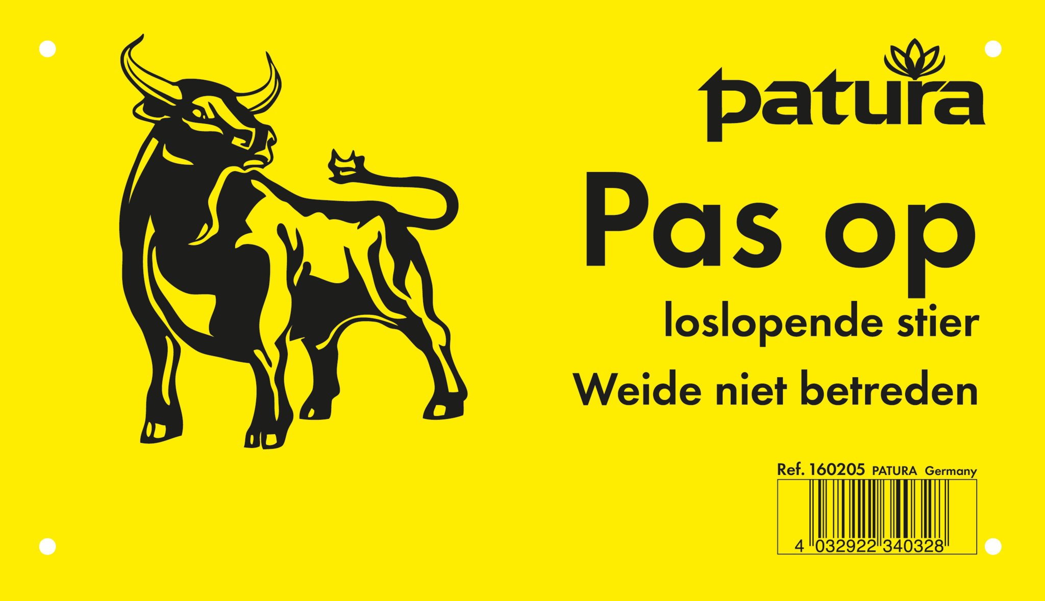 Patura Waarschuwingsbord, kunststof NL Pas Op - loslopende stier