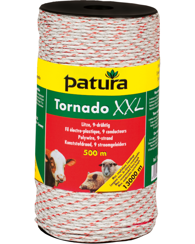 Patura Tornado XXL Polywire, 500 m spool, braided, white-red, 6 stainless steel strands 0.20mm, 3 copper strands 0.30 mm